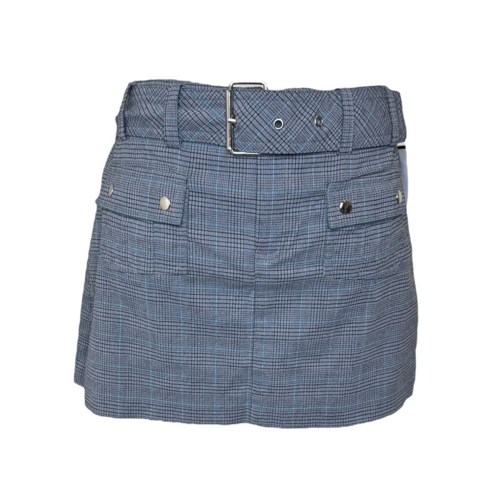 Y2K No Boundaries Gray + Blue Plaid Belted Mini Skirt Size Medium